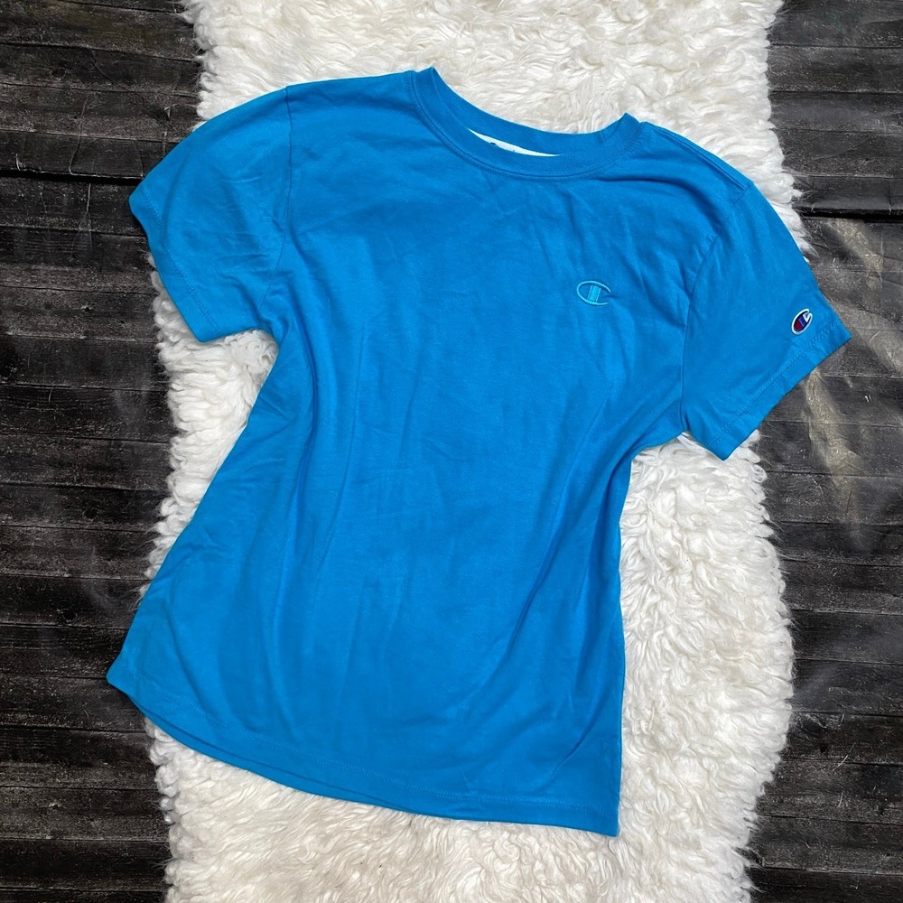 CHAMPION EMBROIDERED BLUE SHORT SLEEVE TEE GYM RUNNING HIKING CASUAL